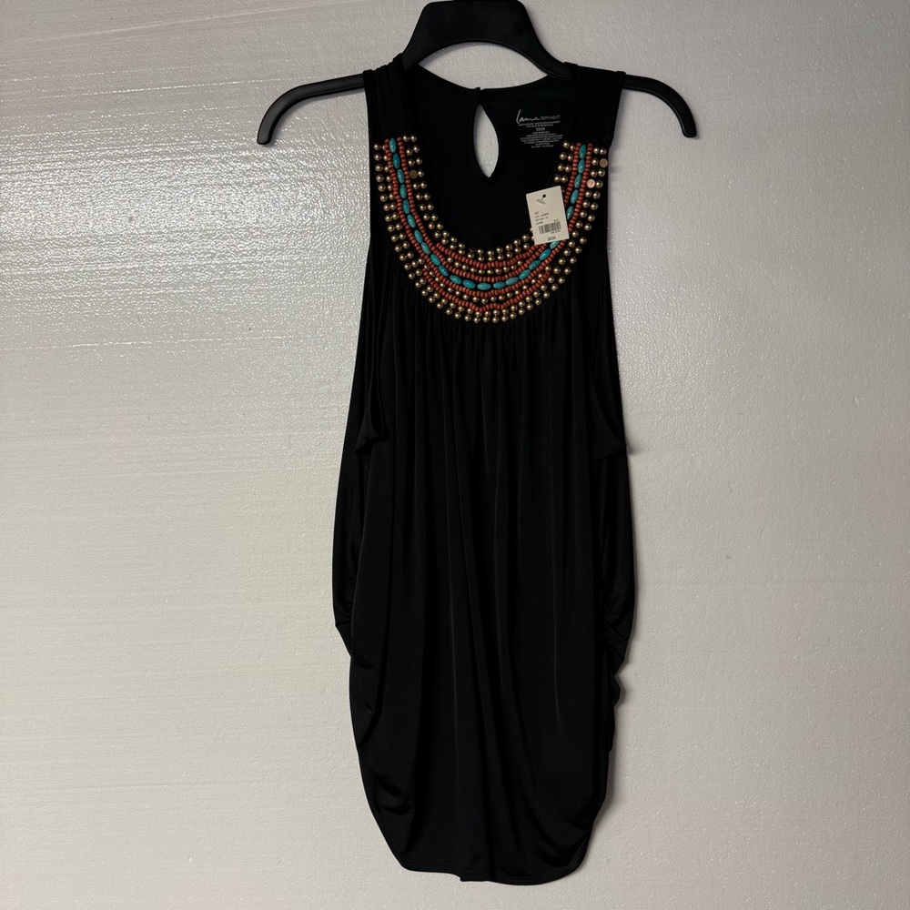 Lane Bryant Blouse Women 22 Black Colorful Beaded Neckline Sleeveless Keywhole